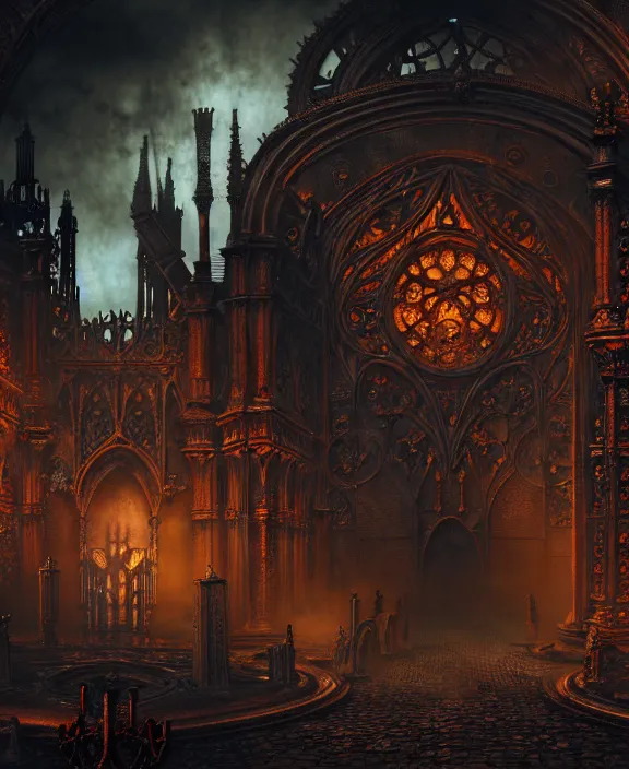 Image similar to steam necropolis, memento mori, gothic, neo - gothic, art nouveau, hyperdetailed copper patina medieval icon, stefan morrell, philippe druillet, ralph mcquarrie, concept art, steampunk, unreal engine, detailed intricate environment, octane render, moody atmospherics, volumetric lighting, ultrasharp, ominous, otherworldly