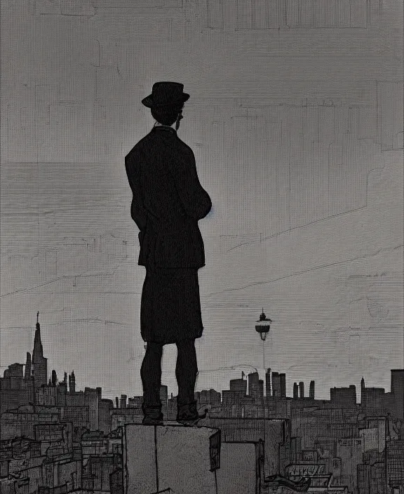 Prompt: human standing on top of the building, watching the city skyline calmly glowing on the background, inspired by isaac levitan, noir comics esthetics, sharp focus, less detailed, 8 k, high resolution