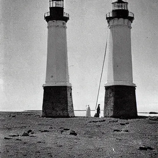 Image similar to worshippers dressed in robes belonging to the cult of the lighthouse. Dilapidated 1800s lighthouse. Unnaturally tall lighthouse. Beacons of light. 1800s photo.