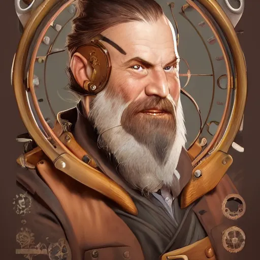 Image similar to Three quarters portrait of a bald male steampunk dwarf with long brown beard, highly detailed, digital painting, art by Stanley Lau and Artgerm and magali villeneuve and Alphonse Mucha, artstation, octane render, cgsociety