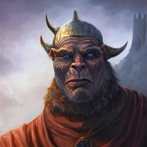 Image similar to orc wizard, oil painting, dramatic, robed warrior, orc with horns, castle in background, stone brick background, ultra realistic, artstation award, fantasy, concept art, portrait pose, full body, armored