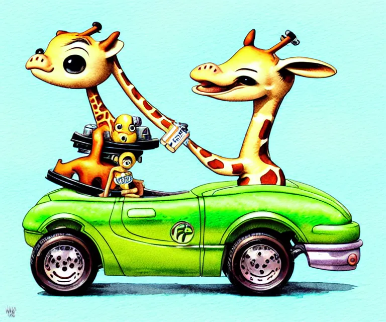 Image similar to cute and funny, baby giraffe wearing a helmet riding in a tiny hot rod with oversized engine, ratfink style by ed roth, centered award winning watercolor pen illustration, isometric illustration by chihiro iwasaki, edited by range murata, tiny details by artgerm and watercolor girl, symmetrically isometrically centered