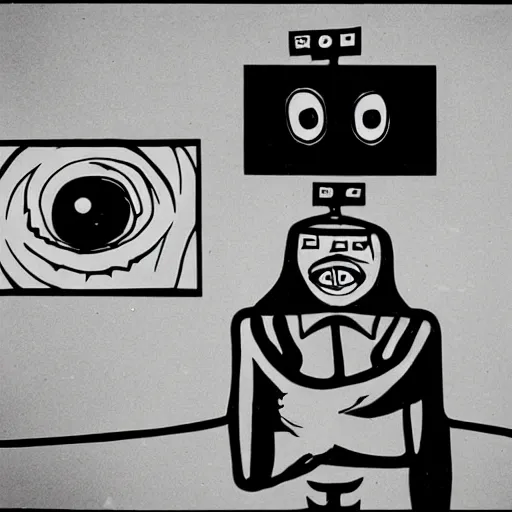 Image similar to depraved and insane man with spiral eyes and tvs with eyes on the screen all around in the style of herbert ploberger and nainoa rosehill