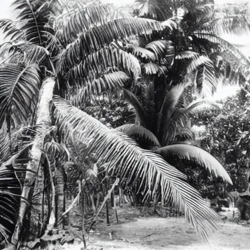 Image similar to a rizom lost film footage of a 3 d shape in the middle of the tropical jungle / tropicalism / tropicalism / tropicalism / film still / cinematic / enhanced / 1 9 2 0 s / black and white / grain