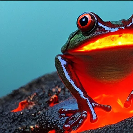 Image similar to frog screaming at an ocean of lava split in two