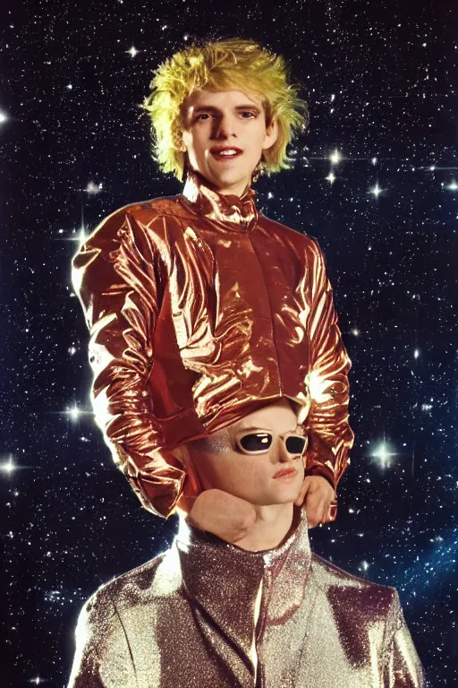 Image similar to portrait davis taylor brown dressed in 1 9 8 1 space fantasy fashion, new wave, shiny metal, standing in a desert