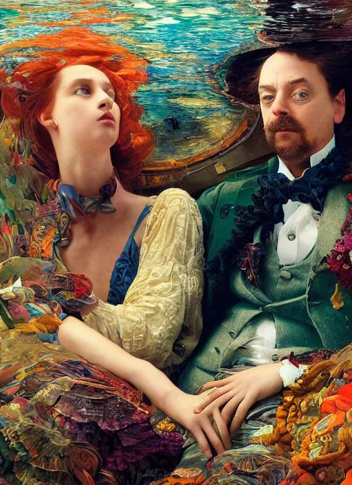 Prompt: detailed colourful masterpiece of photography by anne leibovitz couple portrait sat down extreme closeup, love, inside an underwater train, detailed realistic expressions, wearing unusual clothes, by ford madox brown and william powell frith and moebius and kilian eng and frederic leighton and john william waterhouse and greg hildebrandt, ultra wide angle