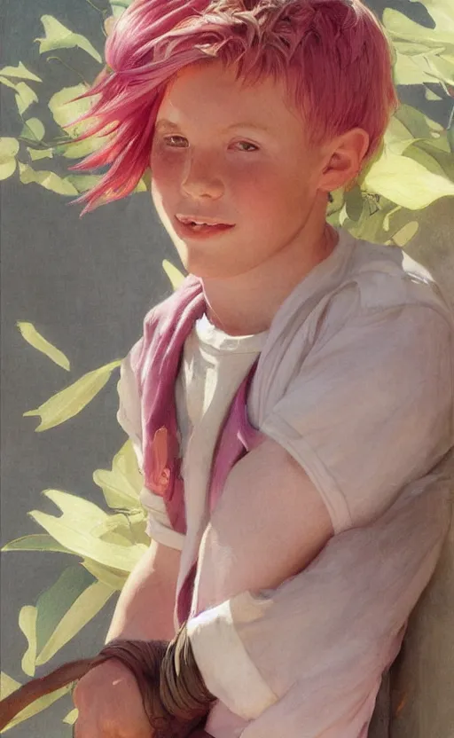 Image similar to androgynous cute pink haired teen boy wearing greek clothes, muted colors, colorful flowers, tropical, sunlight filtering through skin, j. c leyendecker, by alan lee, wlop! illustrated by starember, fantasy art by craig mullins cfg _ scale 8