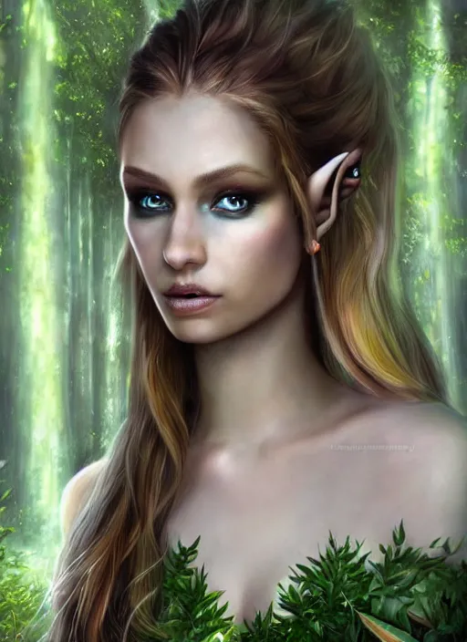 Image similar to A hyperrealistic fantasy portrait painting of a beautiful female elf in a lush dark atmospheric lightning forest, DAZ, hyperrealistic, ambient light, dynamic light