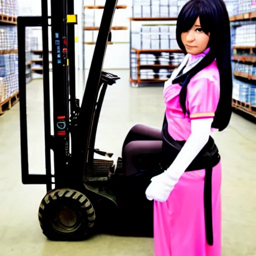 Image similar to a person cosplaying homura akemi operating a forklift
