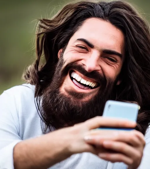 Image similar to Jesus taking a selfie. He is laughing. Professional photo