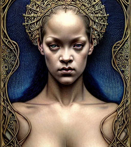 Image similar to detailed realistic beautiful young medieval alien robot rihanna face portrait by jean delville, gustave dore and marco mazzoni, art nouveau, symbolist, visionary, gothic, pre - raphaelite. horizontal symmetry by zdzisław beksinski, iris van herpen, raymond swanland and alphonse mucha. highly detailed, hyper - real, beautiful, fractal baroque