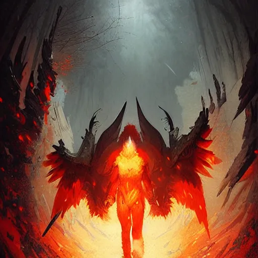Prompt: a cambion, batlike wings unfurling, stepping into a snowy clearing through a fiery portal from hell, fantasy art by greg rutkowski