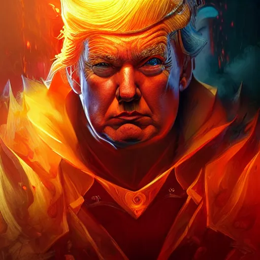 Prompt: donald trump as diablo character, digital illustration portrait design, by android jones and greg rutkowski, retrowave color scheme, detailed, cinematic lighting, wide angle action dynamic portrait