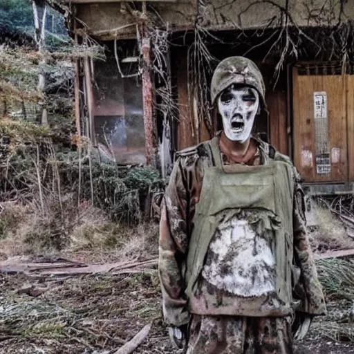 Image similar to horror movie about japanese world wae soldier ghost in abandoned town, realistic