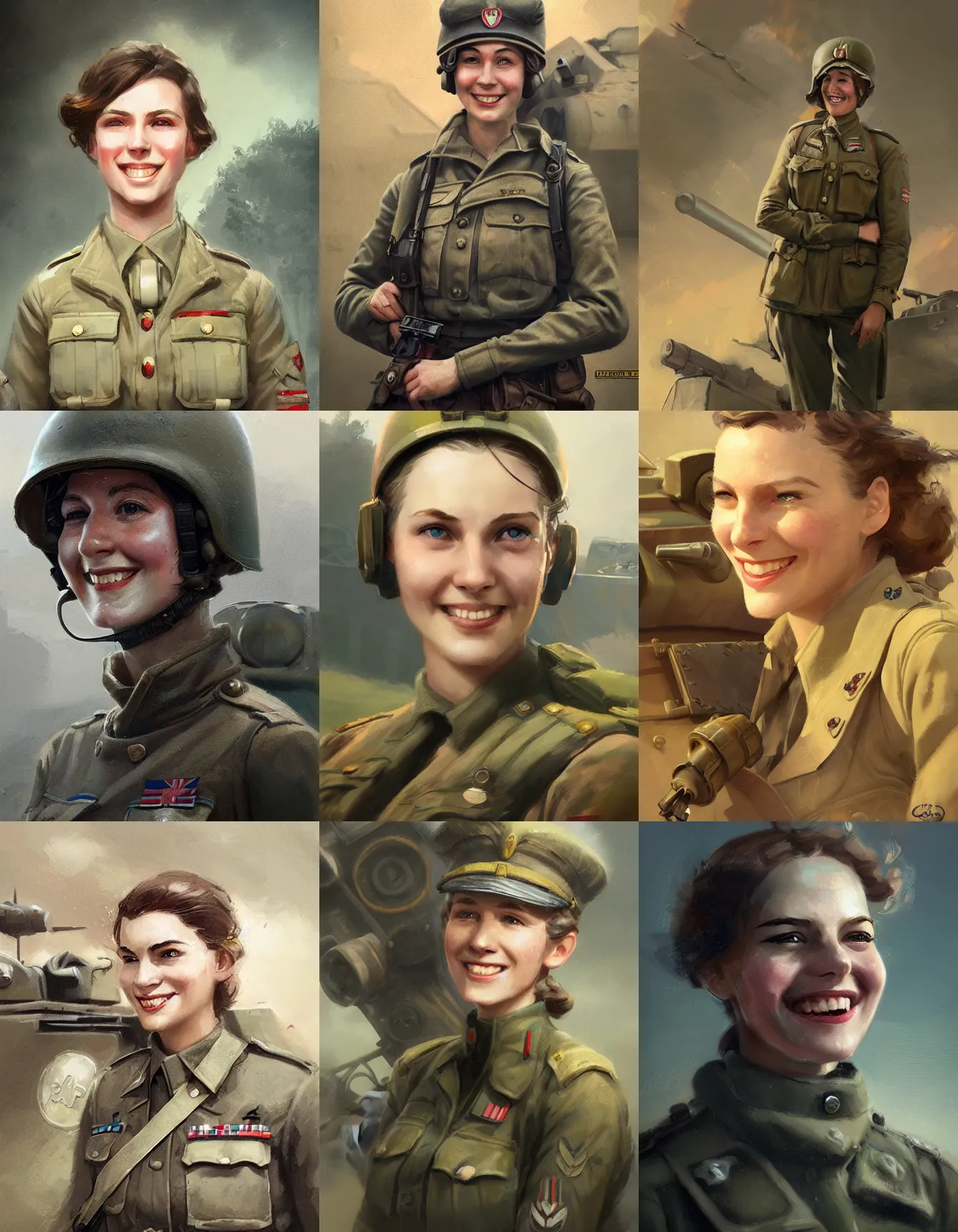 Prompt: young female ww 2 tank commander, smiling, digital portrait by greg rutkowski, intricate, soft focus, highly detailed, cinematic, epic, artstation