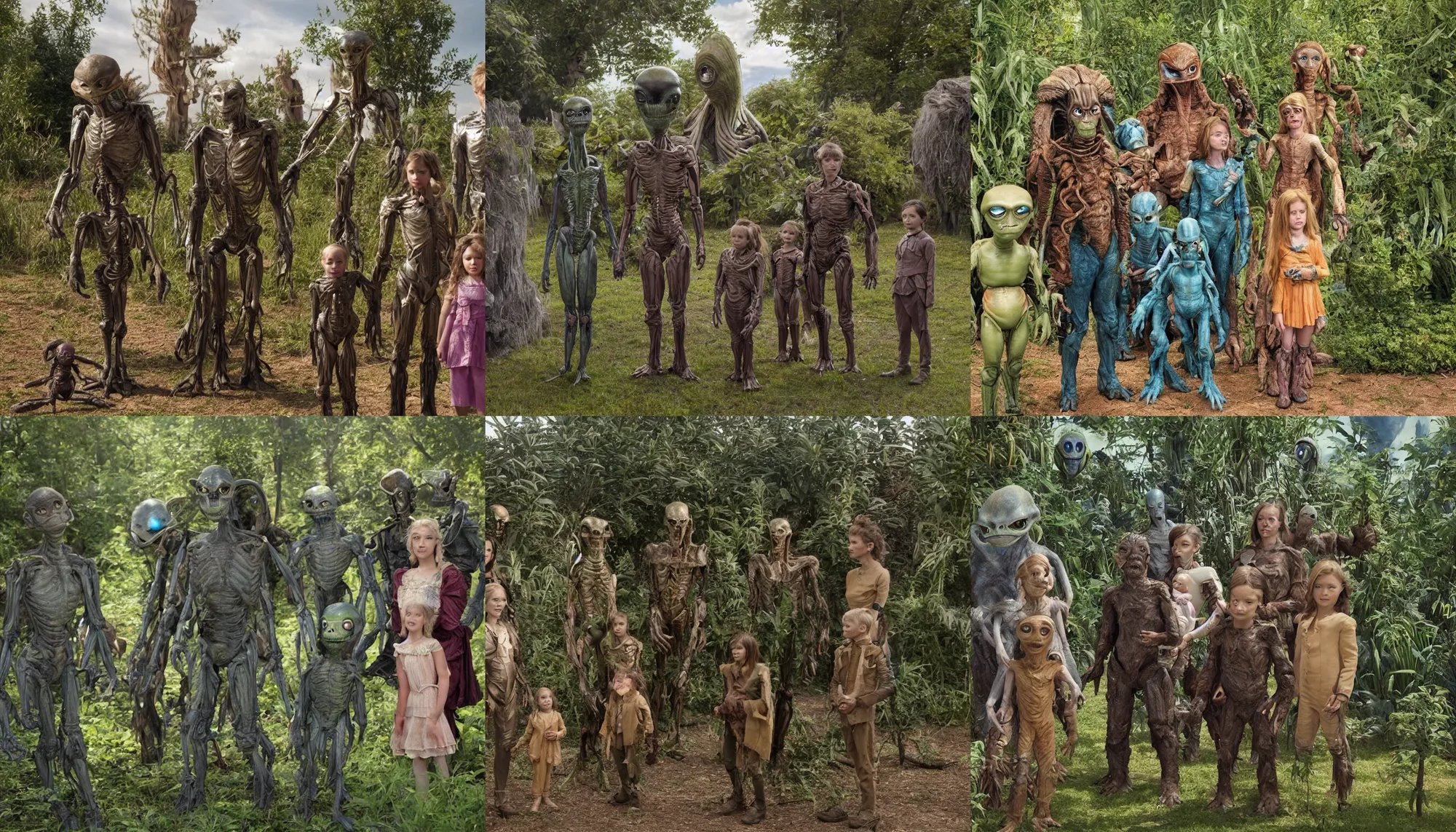 Prompt: highly detailed, 435456k film, 1612800mm film still from a sci fi blockbuster color movie made in 2019, set in 1860, of a human family standing with a cute humanoid alien, next to some alien plants, in a park on an alien planet, the family are all wearing 1860s era clothes, good lighting, good photography, ultra high definition