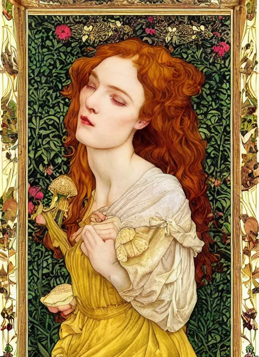 Image similar to masterpiece beautiful seductive flowing curves pose preraphaelite portrait photography, straight bangs, thick set, yellow ochre ornate medieval dress, mushroom forest arch, amongst foliage, william morris and kilian eng and mucha, framed, 4 k