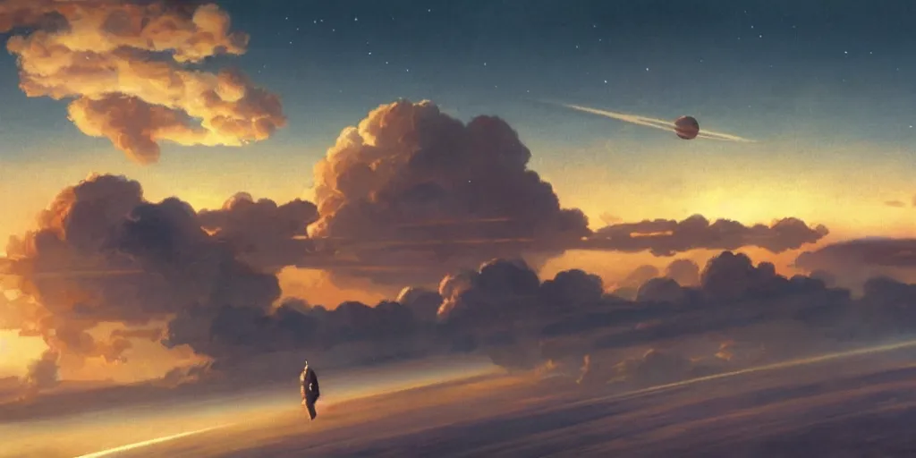 Prompt: blue dreamy cloudscape with a single planet in the clouds, daylight, cinematic lighting, cinematic perspective, syd mead, john harris, federico pelat,