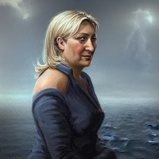 Image similar to Portrait of Marine le Pen , french revolution, amazing splashscreen artwork, splash art, head slightly tilted, natural light, elegant, intricate, fantasy, atmospheric lighting, cinematic, matte painting, detailed face, by Greg rutkowski