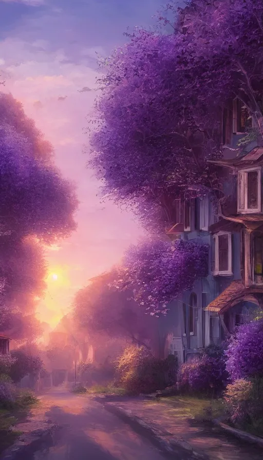 Image similar to landscape of a beautiful street full of wysteria, purple lighting, sunset, dusk. old houses by the road. hyper detailed, artstation cgsociety, 8 k