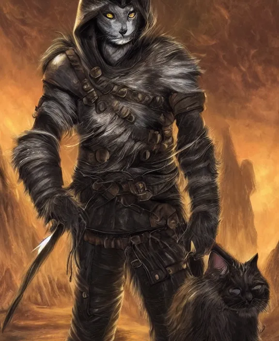 Image similar to humanoid male khajiit rogue with a scar on left eye, wearing leather armor with a hood, mainecoon cat features with black fur, far - mid shot, magic the gathering, fantasy