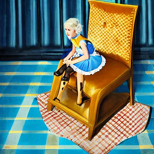 Image similar to alice in the wonderland, sitting, checkered floor, chair, blue dress, blonde by cheval michael