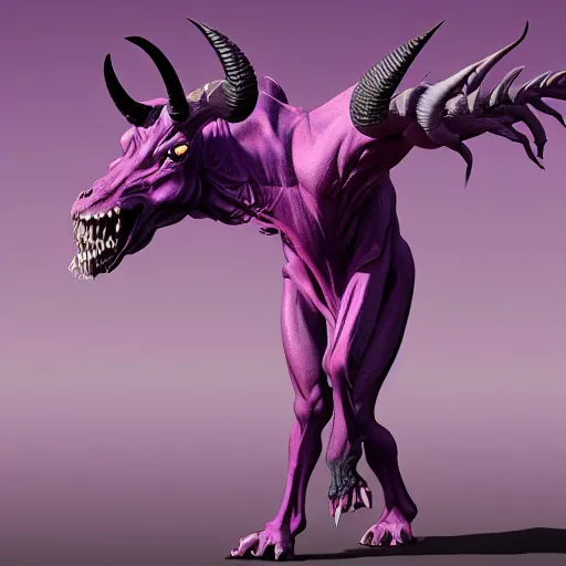 Prompt: a demonic creature that resembles a large, purple, horned centaur with an elongated skull and many sharp teeth by keita okada, trending on artstation.