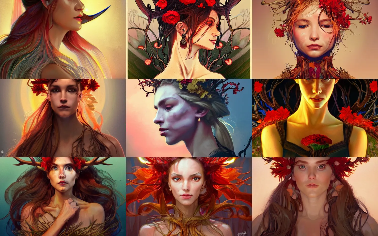 Prompt: character concept portrait, head - on centralized, spirit with antlers, red flowers, glowing golden eyes. dress made of roots. detailed, abstract high quality, dynamic lighting, evocative, fantasy. artwork by artgerm, wlop, alex ross, greg rutknowski, alphonse mucha