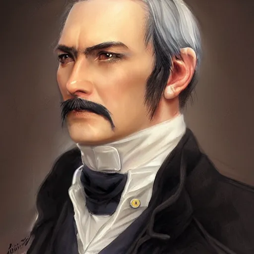 Image similar to a clean shaven confederate general with puffy black sideburns short black hair a side part and a square face, an english man, dnd character art, painting by artgerm and ed binkley, HDR color