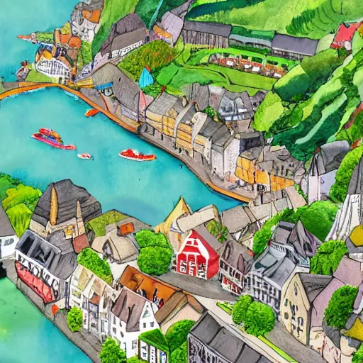 Prompt: The village of Dinant, Belgium. Isometric aerial view. Watercolor illustration. Very detailed, whimsical, award winning.