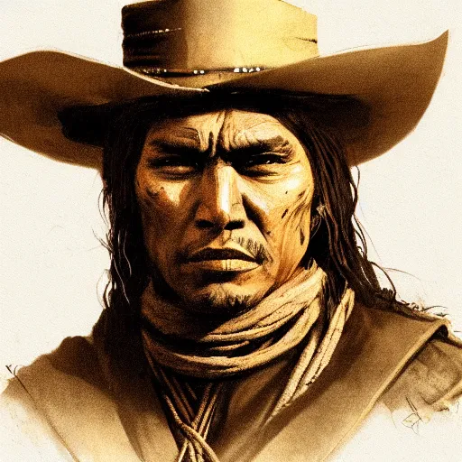 Prompt: portrait of a native american warrior of the old west, drawn by ruan jia, concept art, red dead redemption, django, weird west, deadlands, dramatic lighting, digital art, 8 k, extremely detailed