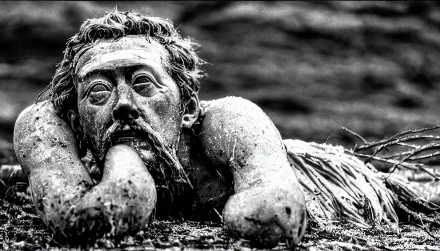 Prompt: 1 9 6 0 s movie still close up of marcus aurelius frozen tired and dirty crawling at the side of a river in emperor clothes, grass, snowy, pine forests, cinestill 8 0 0 t 3 5 mm b & w, high quality, heavy grain, high detail, texture, dramatic light, anamorphic, hyperrealistic, detailed hair, foggy