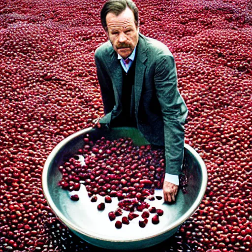 Image similar to tiny bryan cranston's long neck sticking out of a bowl of cranberries, body submerged in cranberries, natural light, sharp, detailed face, magazine, press, photo, steve mccurry, david lazar, canon, nikon, focus