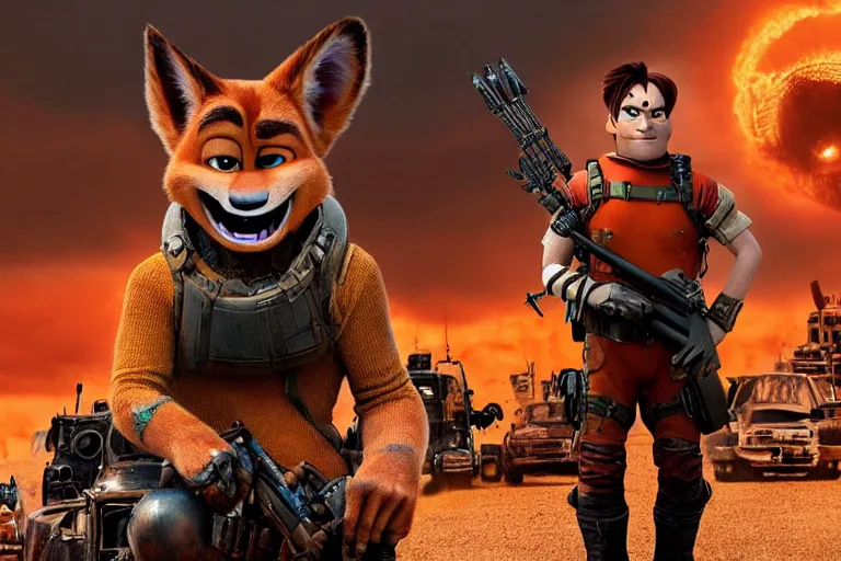 Image similar to nick wilde, heavily armed and armored facing down armageddon in a dark and gritty reboot from the makers of mad max : fury road