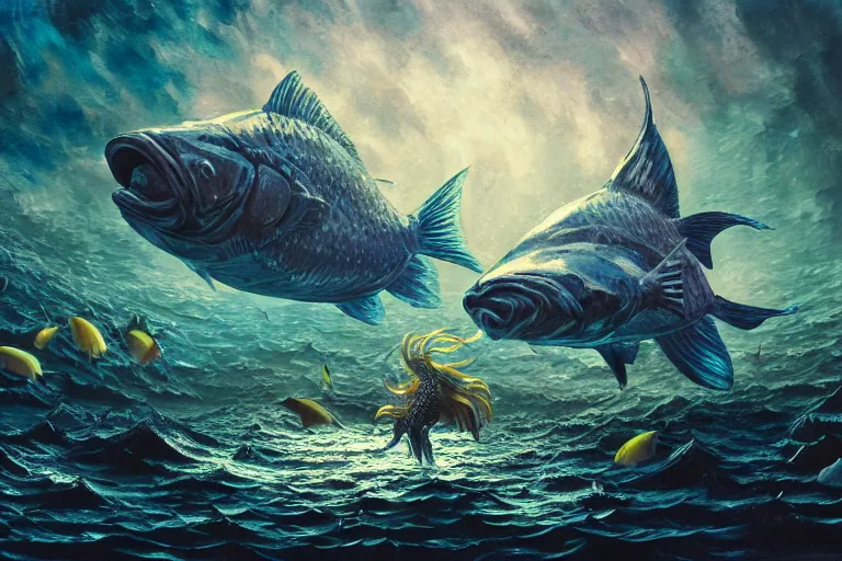 Image similar to fish hunting for humans, under the sea, sci - fi, fantasy, intricate, elegant, highly detailed, concept art, high contrast, sharp focus, oil painting, 4 k