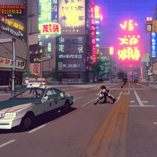 Image similar to 1999 Video Game Screenshot, Anime Neo-tokyo bank robbers vs police shootout, bags of money, Police Shot, Violent, Action, MP5S, FLCL, Highly Detailed, 8k :4 by Katsuhiro Otomo + Studio Gainax + Arc System Works : 8