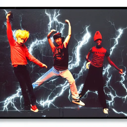 Prompt: four breakdancers battling in the bronx in 1984, by Andy Warhol, gritty, energetic, hyperrealistic, intricate, black background, Moody lightning, trending on artstation