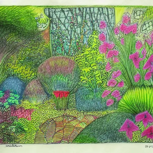 Image similar to Beautiful lush garden. Etching and engraving with colored pencil.