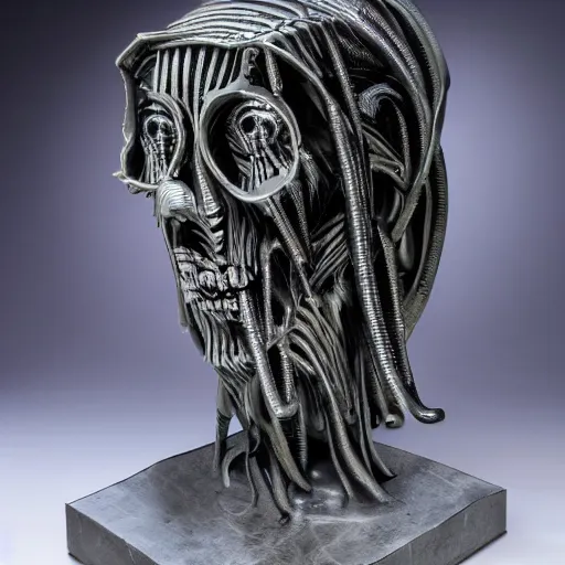 Image similar to cognitive optical illusion in the style of h.r. giger, sculpture, metal