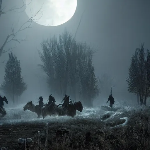 Image similar to the wild hunt, wraiths riding in the sky, mythical creatures in undead nightmare, bad omen, enchanted forest, blizzard storm, fog, full moon, snowy environment, in the style of the witcher series, hyperrealism, atmospheric, cinematic, disturbing, breathtaking, award winning, groundbreaking, octane render, unreal 5, intricate digital art, sharp focus, 8 k