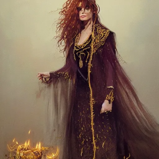 Image similar to portrait of a witch, dressed in gold embroidered clothing, by greg rutkowski.