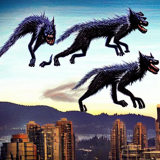 Image similar to A pack of Garou werewolves chase a giant spider across the rooftops of Burnaby. by Ron Spencer.