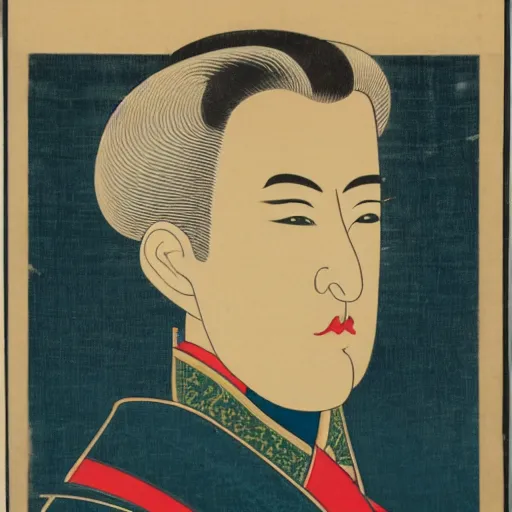 Image similar to portrait of japnese emperor hirohito, japanese woodblock print