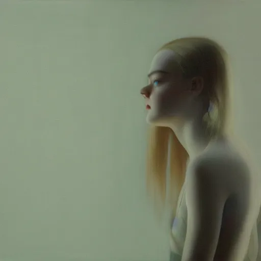 Image similar to silhouette of a Elle Fanning gazing in a mirror, pitch black room, extremely detailed realist masterpiece, oil on canvas, low-key neon lighting, artstation, Blade Runner 2049, Roger Deakin’s cinematography, by J. C. Added Wyeth and Adam Miller,