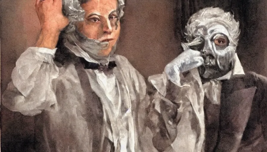 Image similar to he was a burly man in a gentleman's dress. he wore a gray wig on his head, a silver mask on his face, white gloves on his hands, and his exposed skin was a terrible burn