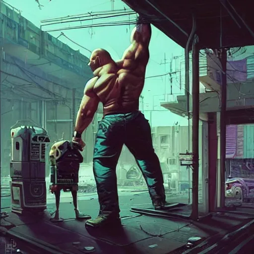 Prompt: big Greg. Buff cyberpunk meathead trying to fight a small robot. Realistic Proportions. Epic painting by James Gurney and Laurie Greasley. Moody Industrial setting. ArtstationHQ. Creative character design for cyberpunk 2077.