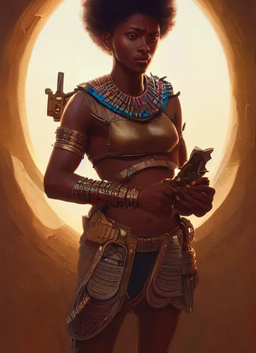 Prompt: highly detailed portrait of protagonist from futuristic movie, brown skin, egyptian design, adventure game, d & d, fantasy art by greg rutkowski, stanley artgerm, loish, rhads, tom bagshaw, global illumination, radiant light, detailed and intricate environment