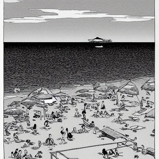 Prompt: a singaporean beach, by moebius