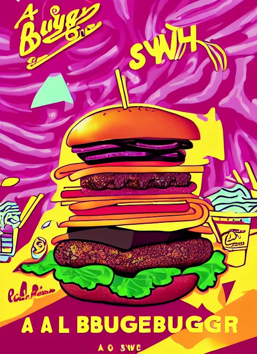 Prompt: a huge burger, synth wave
